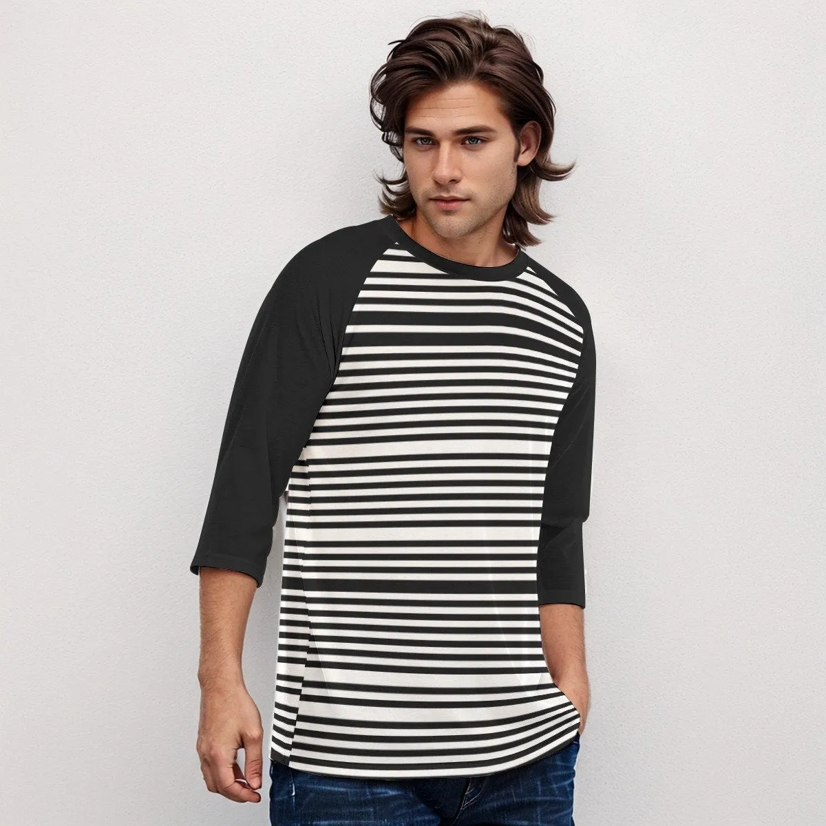 Men's Black and White Stripe Shirt, Black Stripe Top Men, Black Raglan Sleeve Top Men, Stripe Baseball Tee, Casual Stripe Top Men