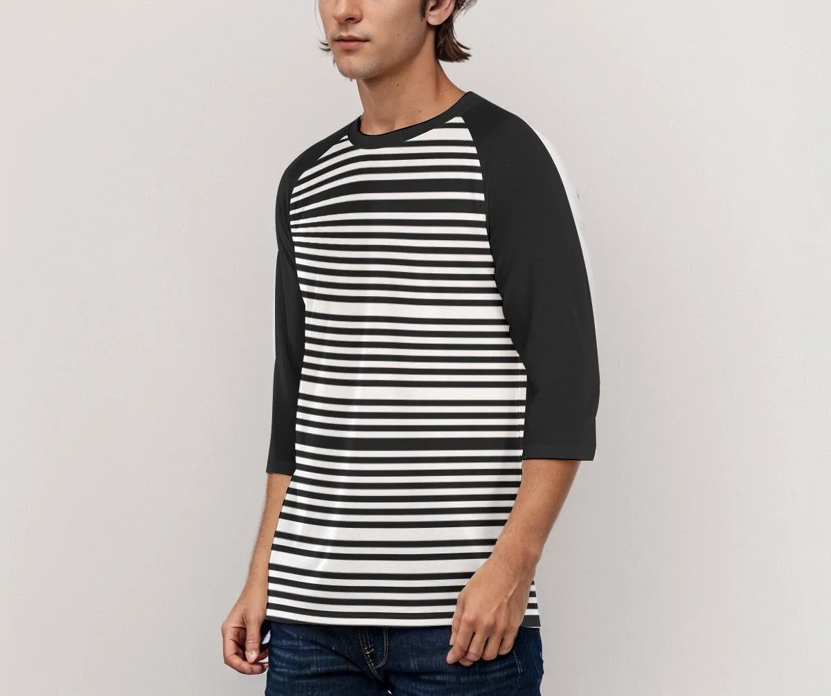 Men's Black and White Stripe Shirt, Black Stripe Top Men, Black Raglan Sleeve Top Men, Stripe Baseball Tee, Casual Stripe Top Men