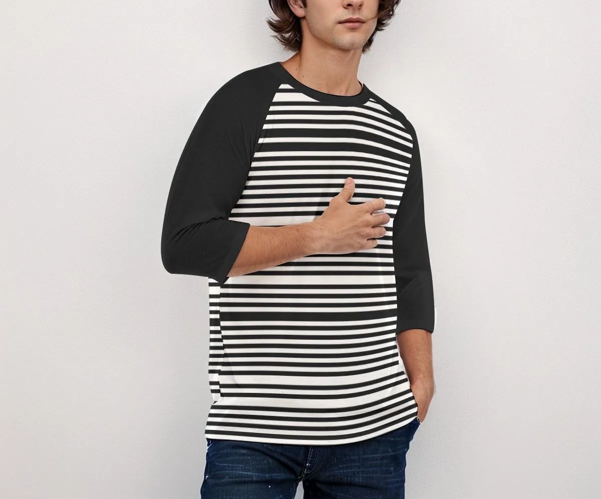 Men's Black and White Stripe Shirt, Black Stripe Top Men, Black Raglan Sleeve Top Men, Stripe Baseball Tee, Casual Stripe Top Men