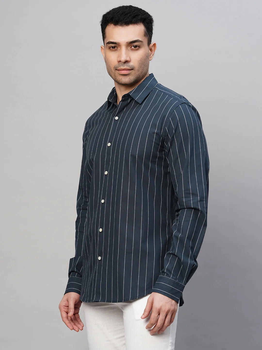 Men's Navy Cotton Slim Fit Striped Shirt