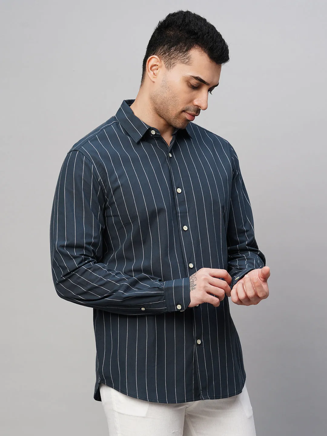 Men's Navy Cotton Slim Fit Striped Shirt