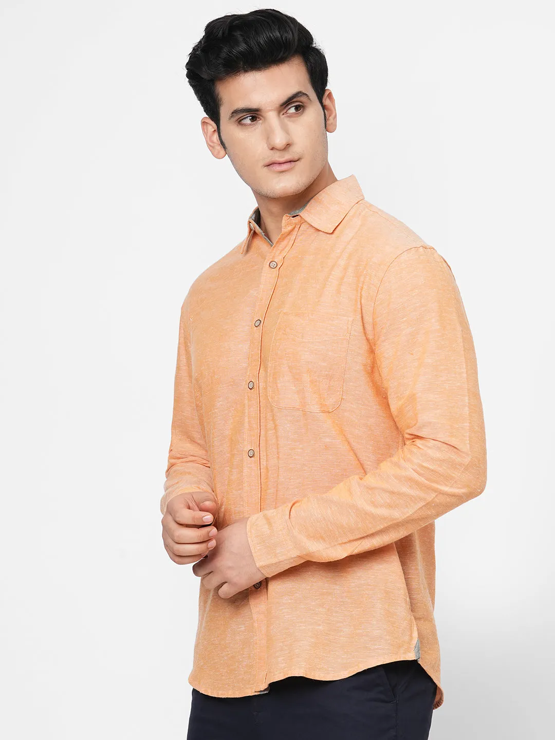 Men's Orange Cotton Linen Regular Fit Shirt