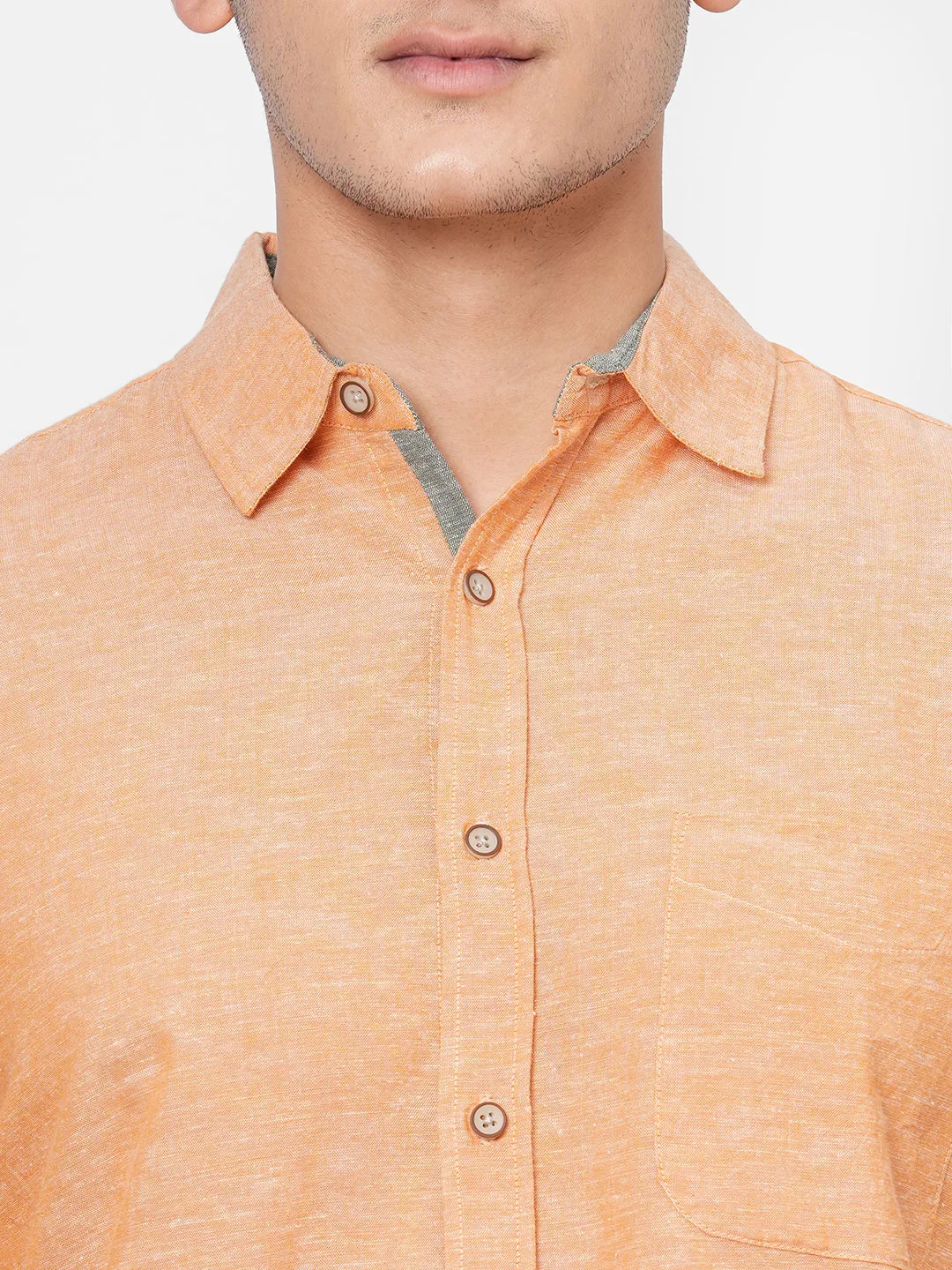 Men's Orange Cotton Linen Regular Fit Shirt