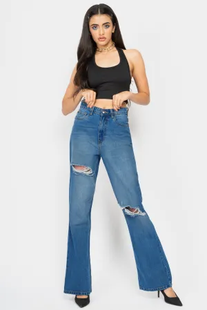 Mid Blue Distress Bootcut Jeans