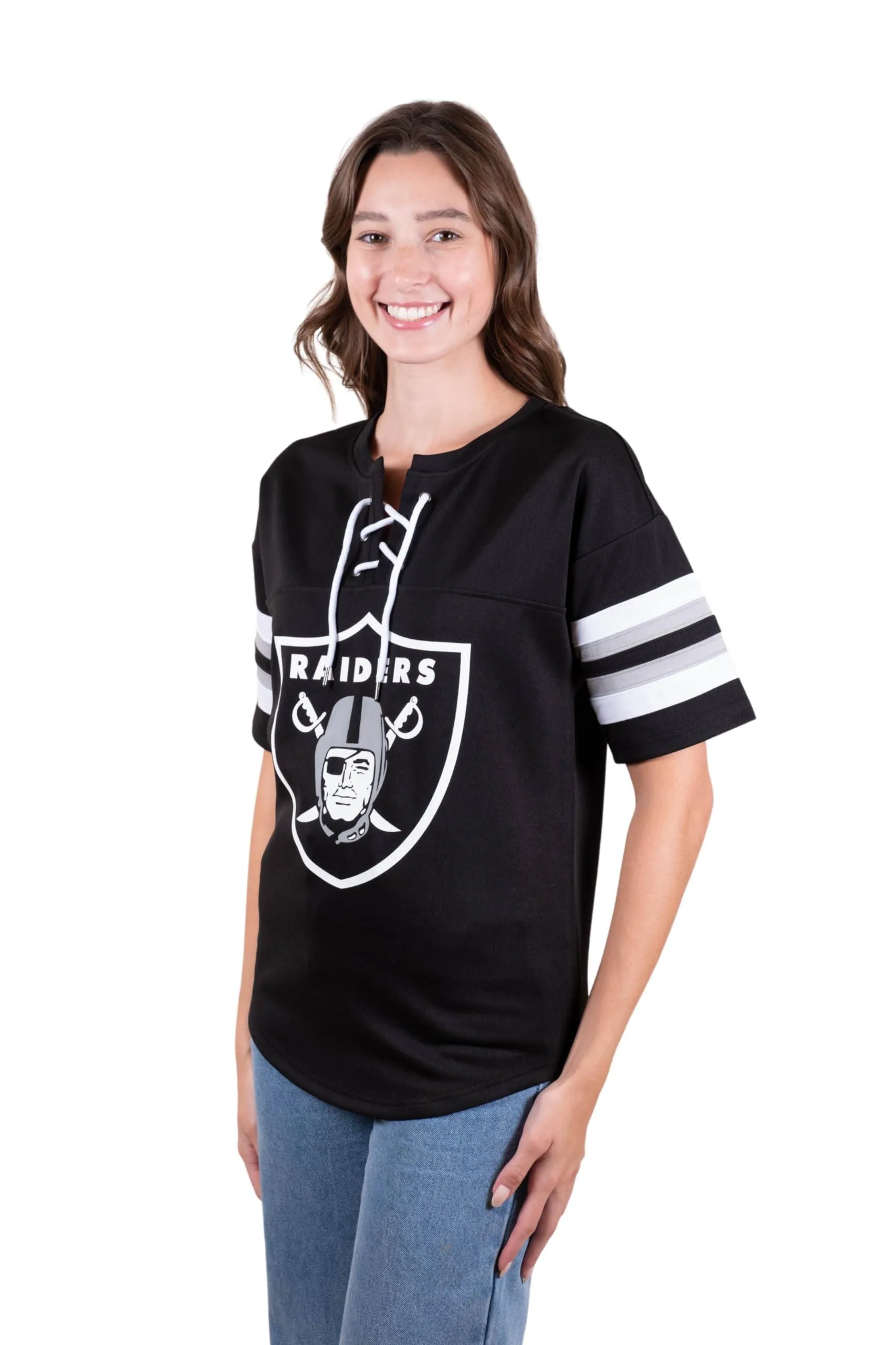 NFL Las Vegas Raiders Womens Standard Lace Up Tee Shirt Penalty Box|Las Vegas Raiders