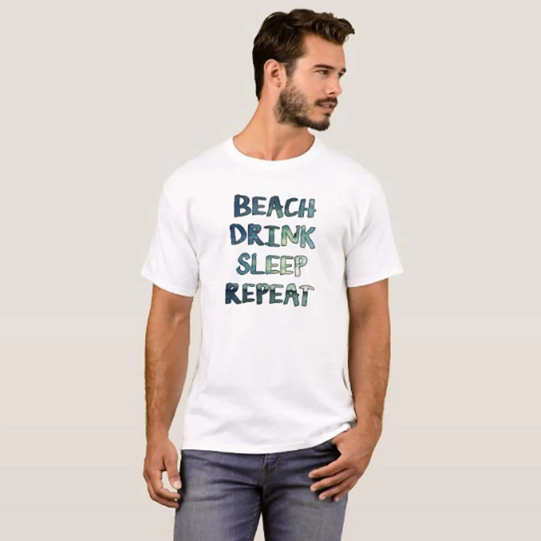 Nutcase Designer Round Neck Men's T-Shirt Wrinkle-Free Poly Cotton Tees - Beach Drink Sleep Repeat