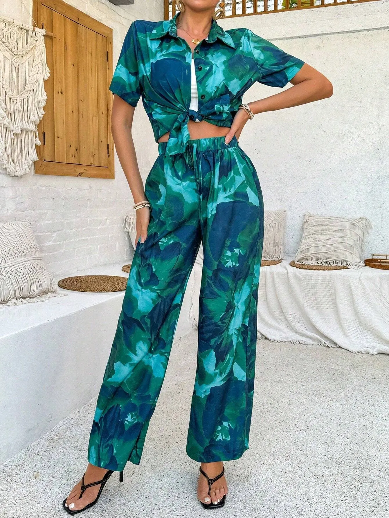 Printed Short Sleeve Top And Long Pants Set SS24