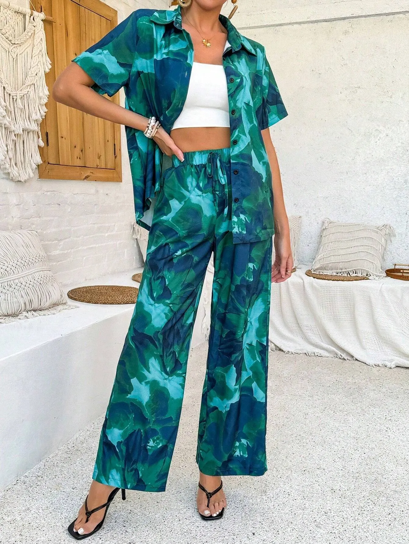 Printed Short Sleeve Top And Long Pants Set SS24