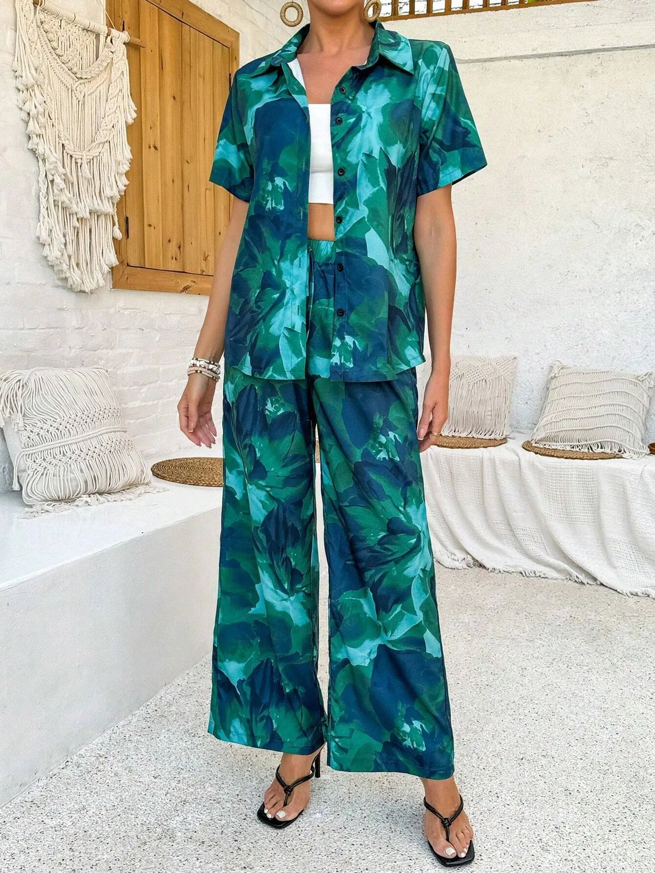 Printed Short Sleeve Top And Long Pants Set SS24