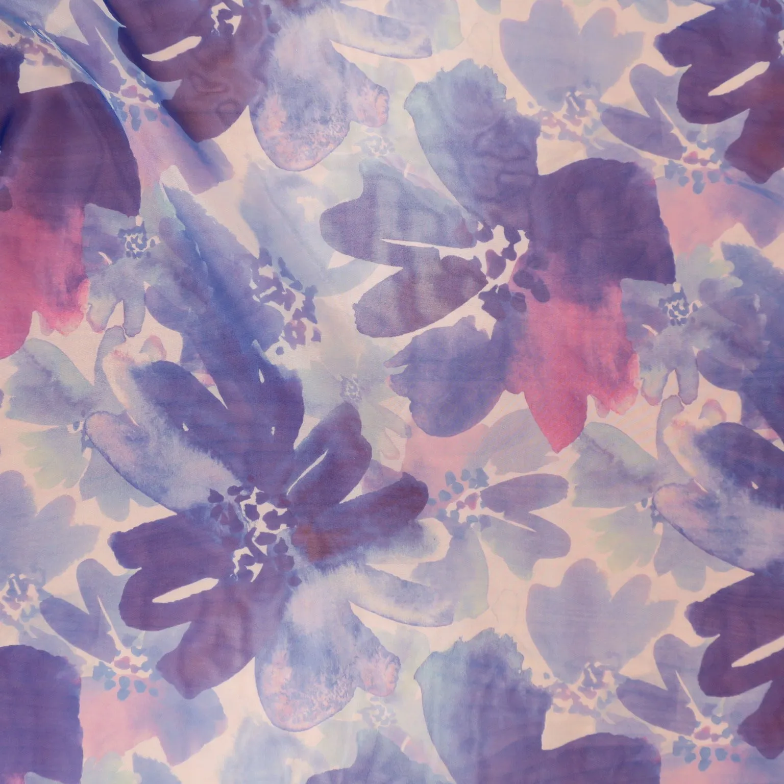 Purple and Blue Floral with White Background Organza Polyester Fabric