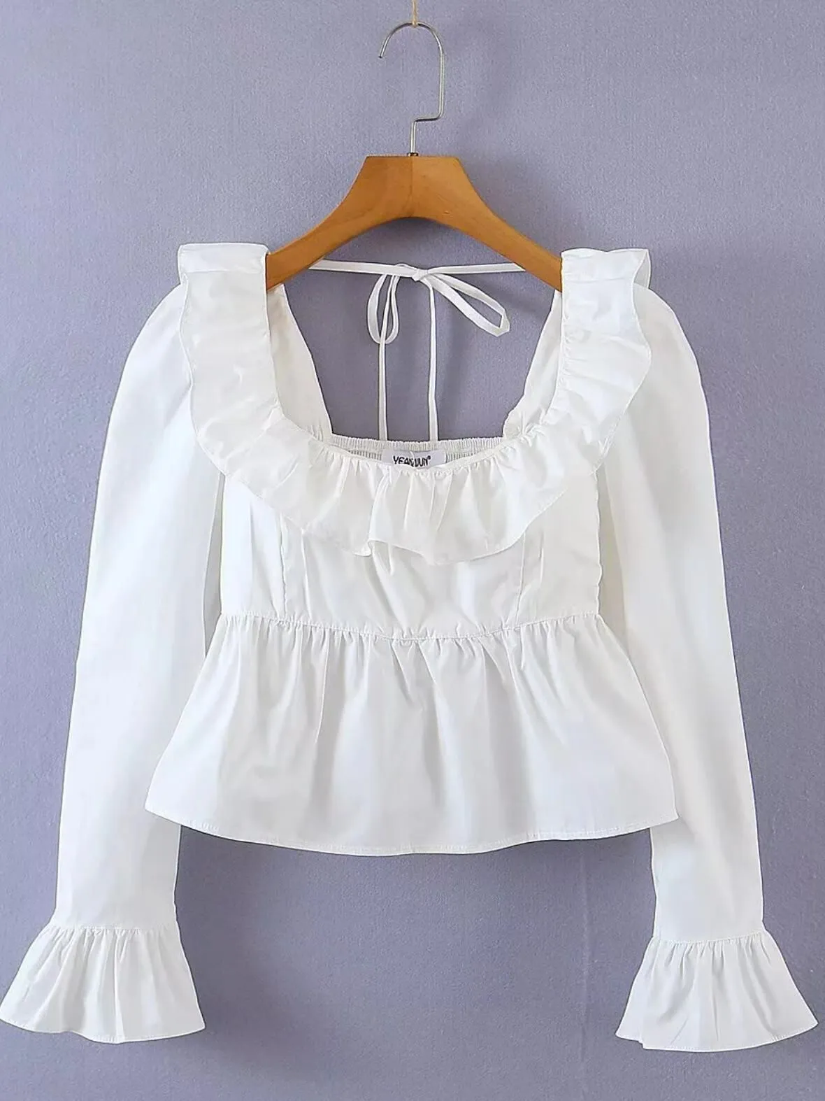 Solid Color Square Collar Ruffles Blouse