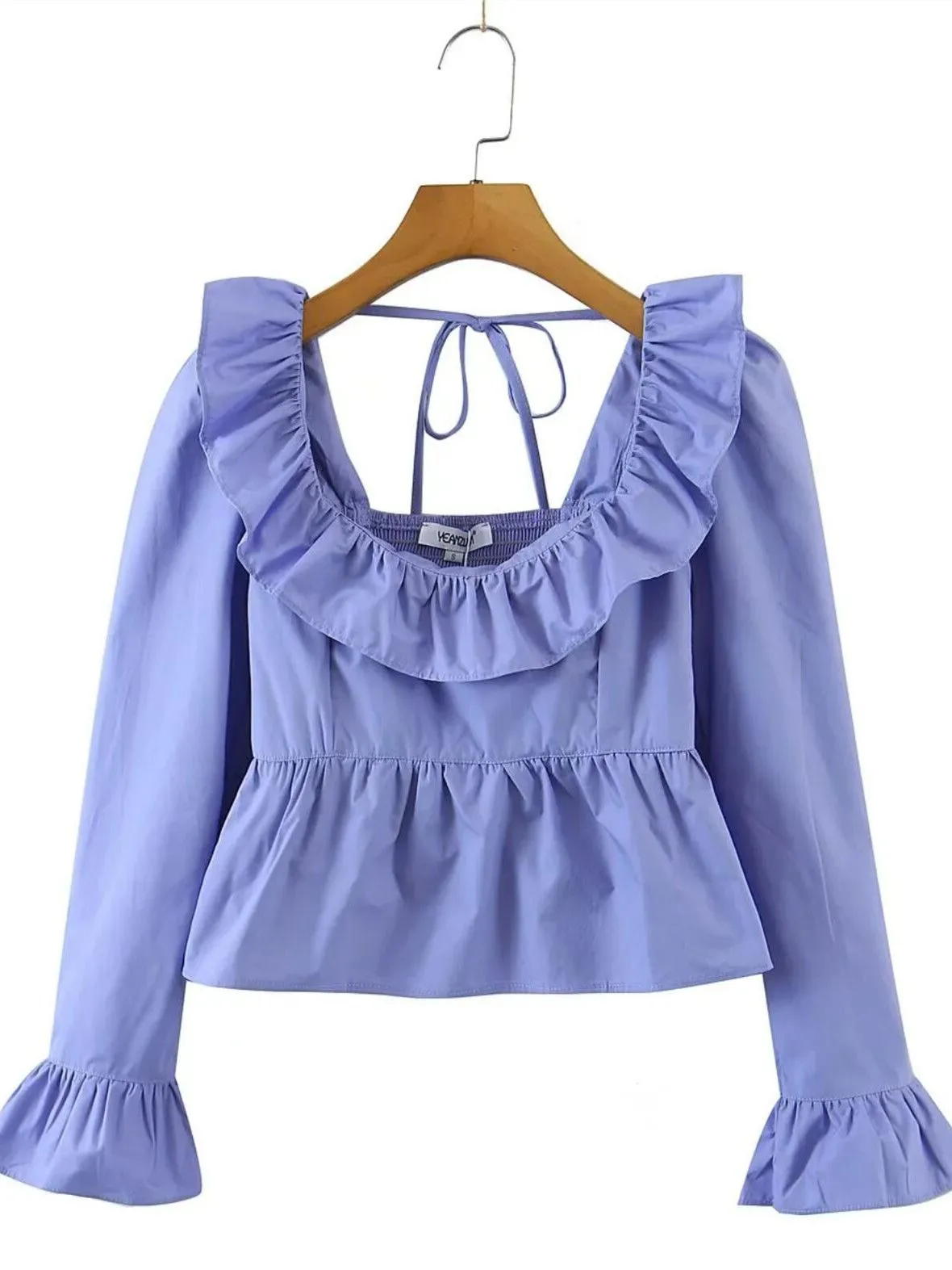 Solid Color Square Collar Ruffles Blouse