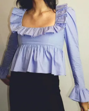 Solid Color Square Collar Ruffles Blouse