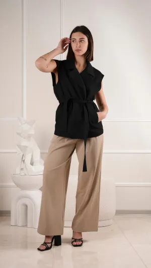 Sophisticated sleeveless blazer top with waist belt wholesale