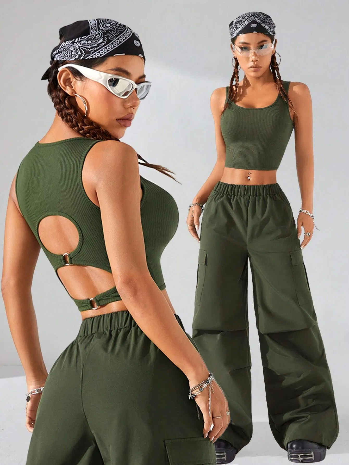 Streetwear Hollow Back Tank Top And Parachute Cargo Pants SS24