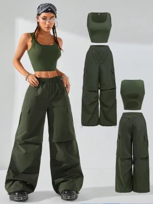 Streetwear Hollow Back Tank Top And Parachute Cargo Pants SS24