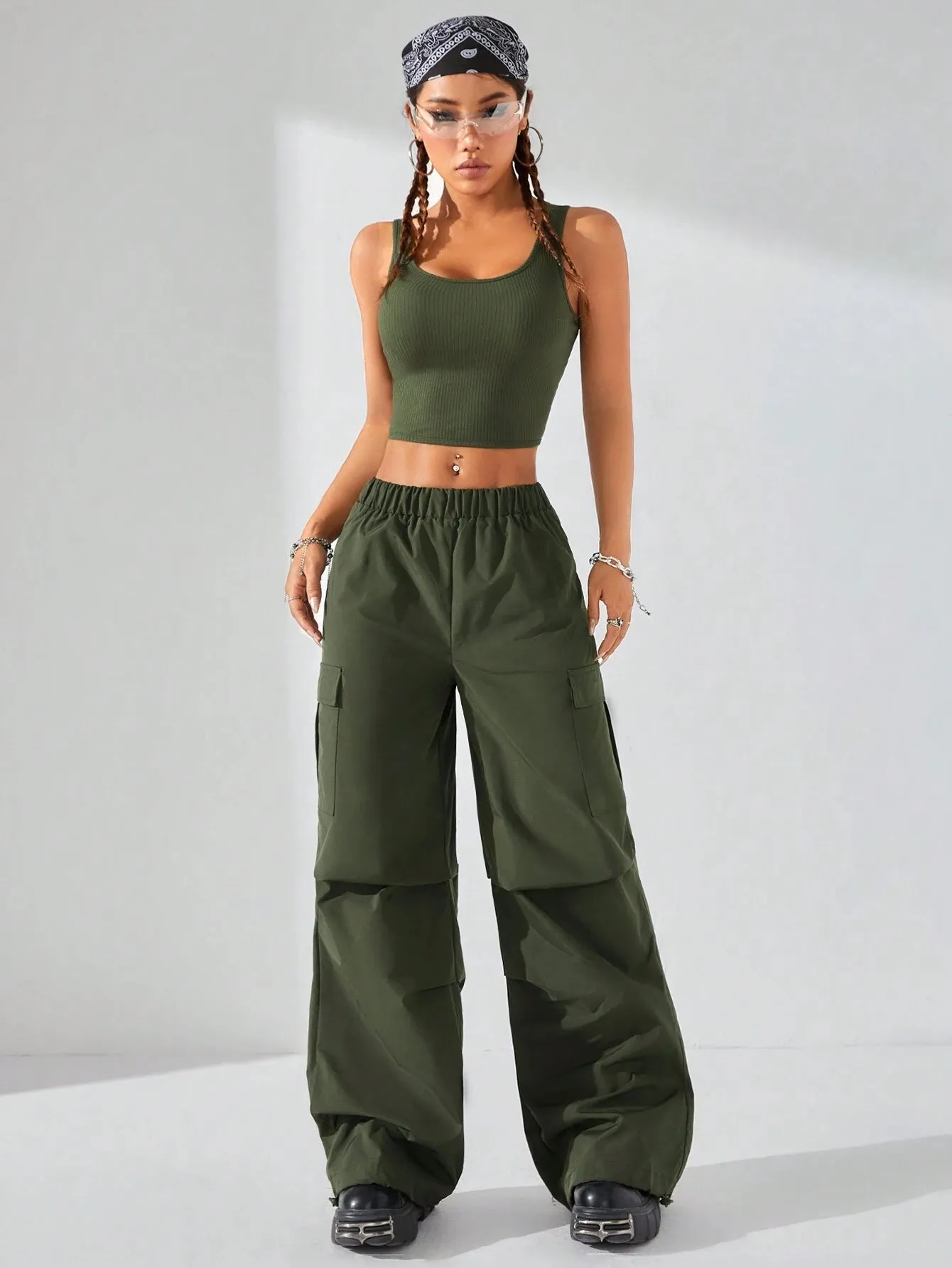 Streetwear Hollow Back Tank Top And Parachute Cargo Pants SS24