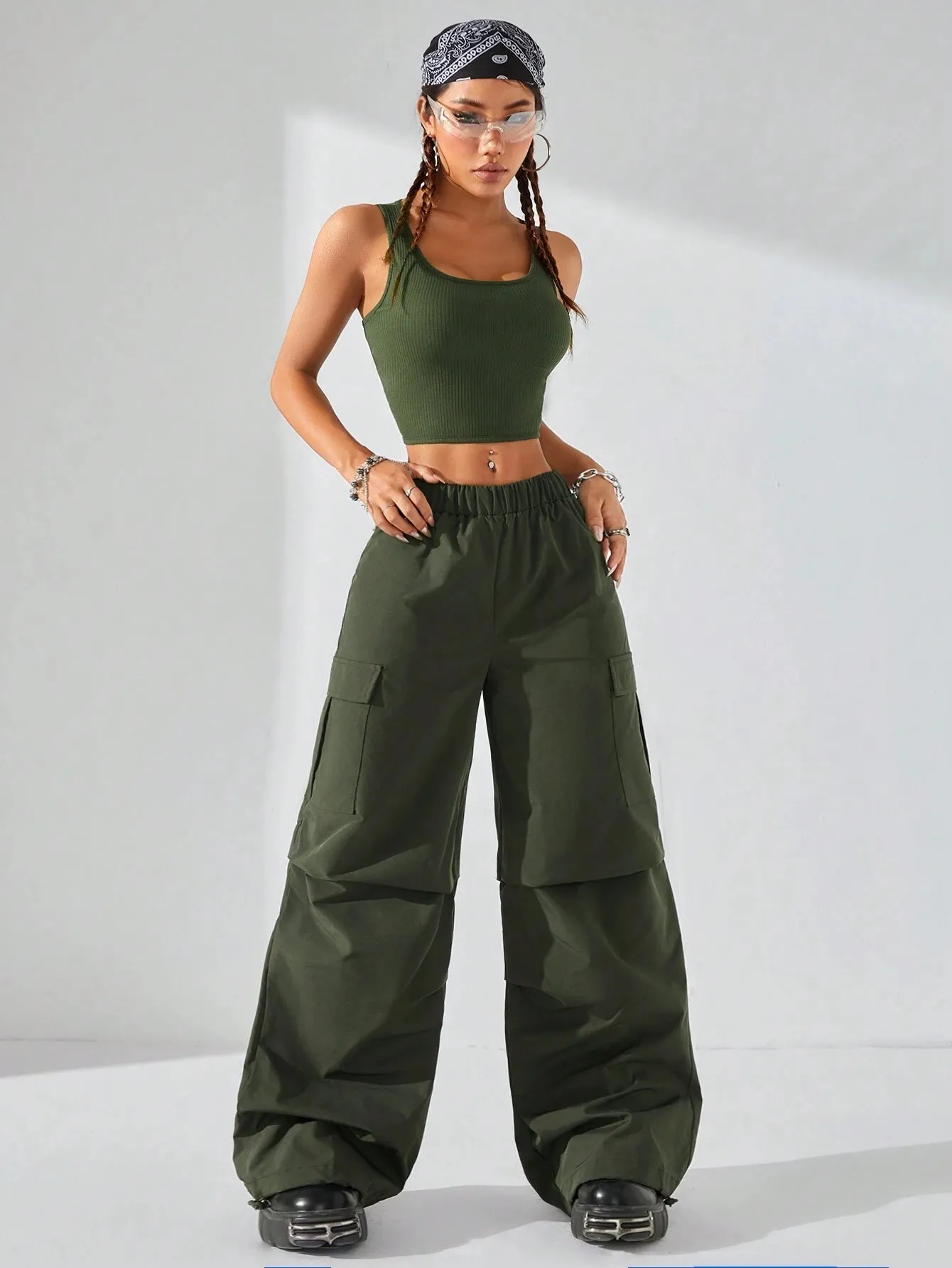 Streetwear Hollow Back Tank Top And Parachute Cargo Pants SS24