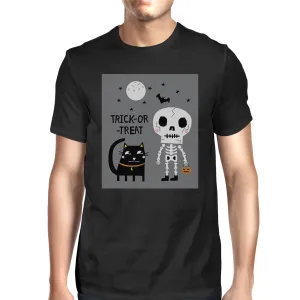 Trick-Or-Treat Skeleton Black Cat Mens Black Shirt