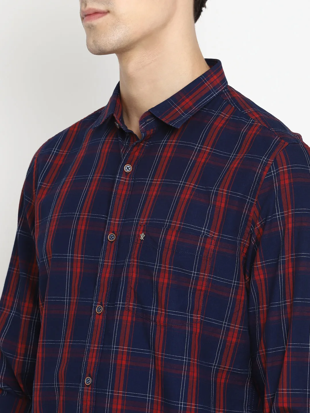 Turtle Men Navy & Red Cotton Checked Slim Fit Shirts