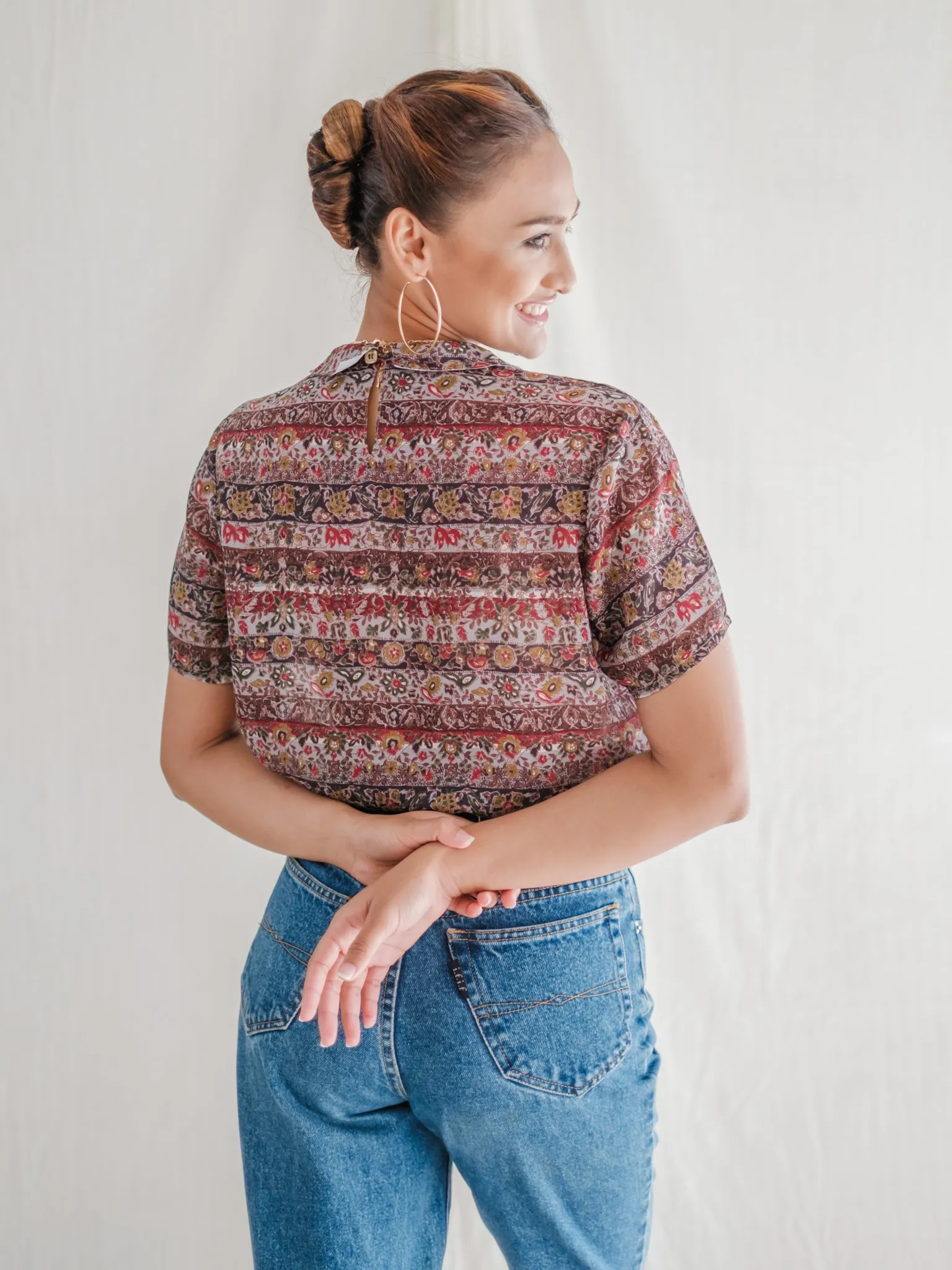 Vintage Polyester Collared Half Sleeved Boho Print Blouse