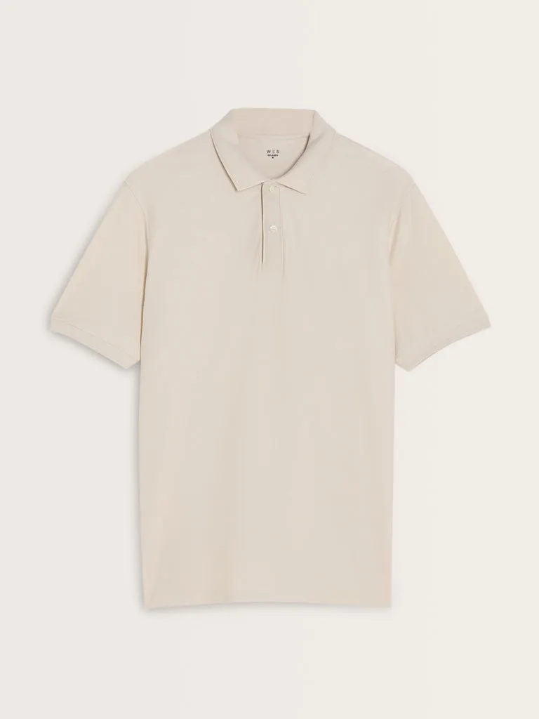 WES Casuals Light Beige Textured Relaxed-Fit Polo T-Shirt