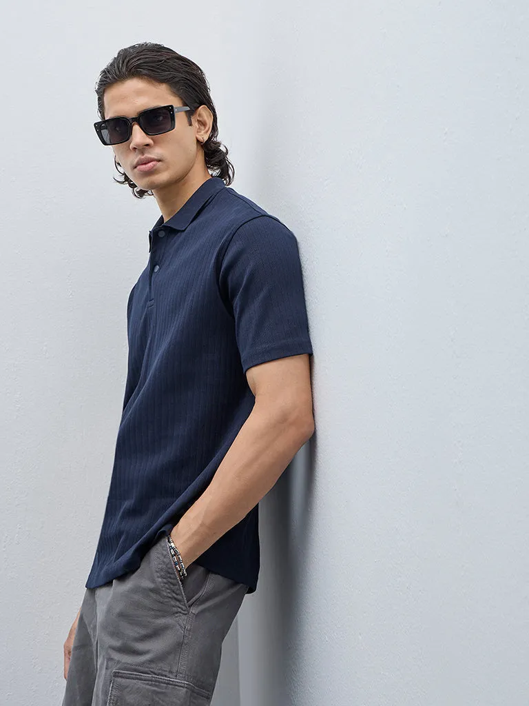 WES Casuals Navy Self Relaxed-Fit Cotton Polo T-Shirt