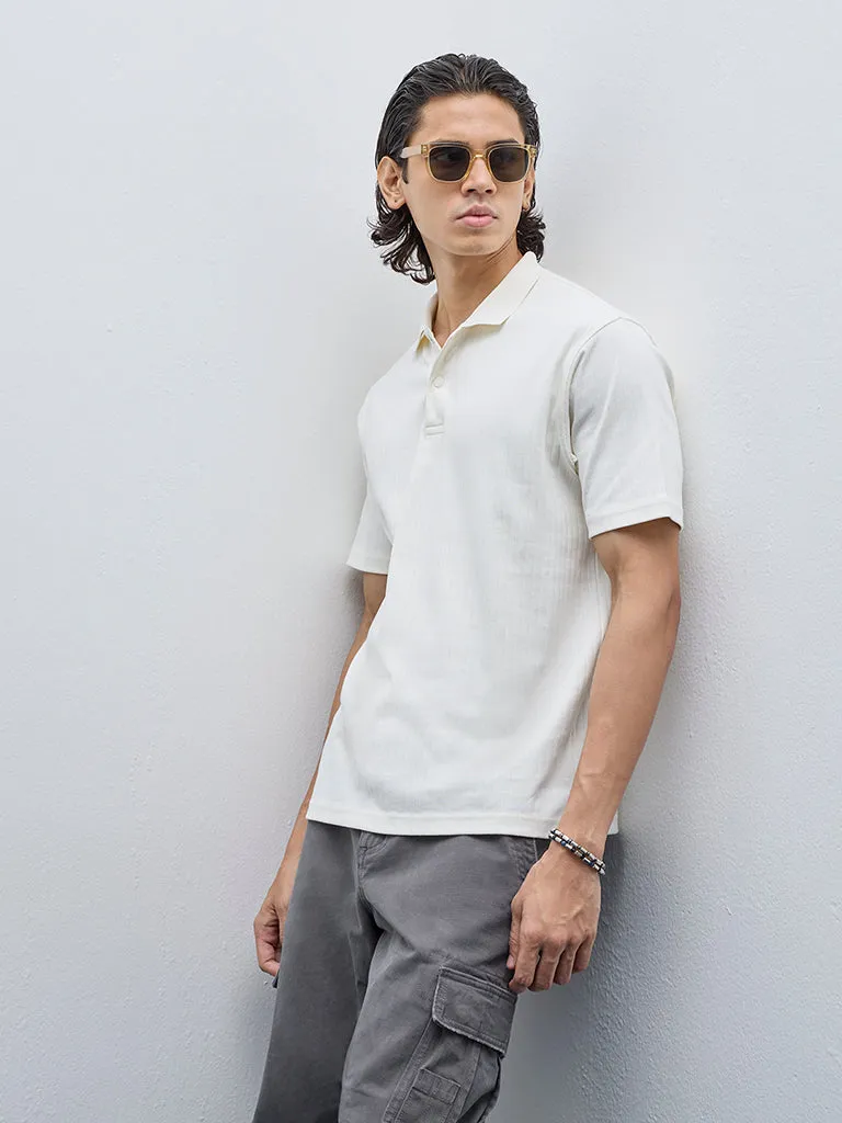 WES Casuals Off-White Self Relaxed-Fit Cotton Polo T-Shirt