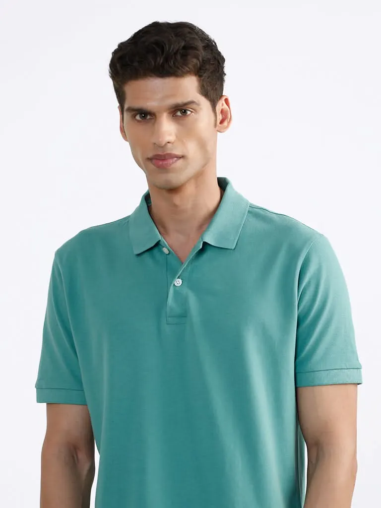 WES Casuals Plain Sage Green Cotton Blend Polo Neck T-Shirt