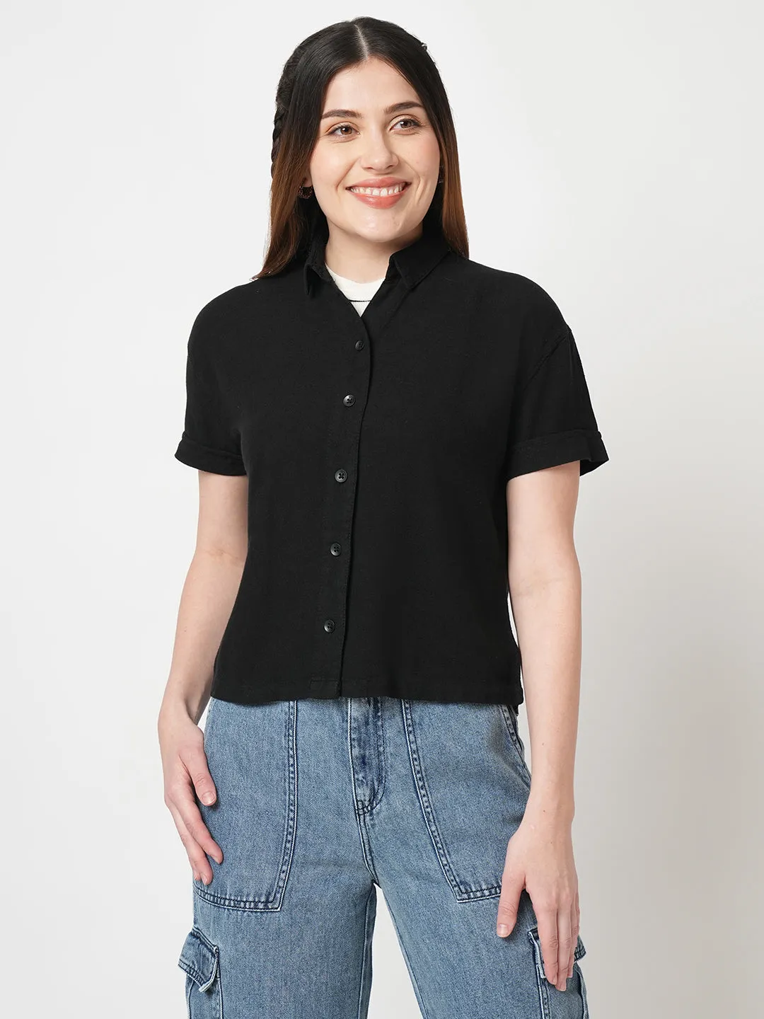 Women Solid Slim Fit Black Shirts