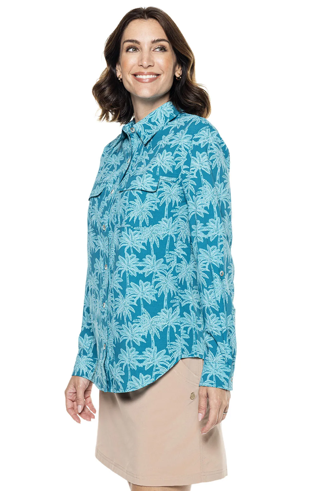 Women's Mylitta Travel Shirt  |  Tahitian Teal Swaying Palms